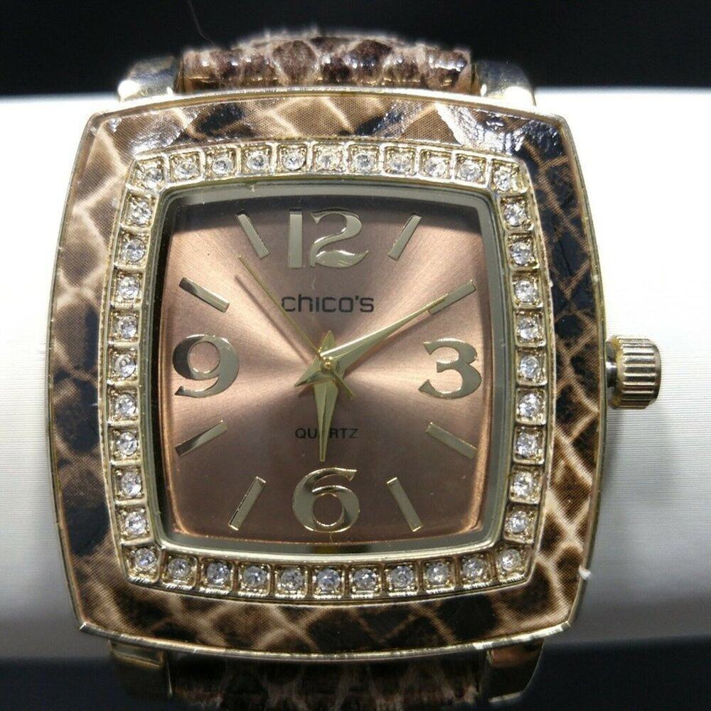 Chico's Faux Snake Skin Leather Watch, Clear Rhinestone Frame, 9 Inches
